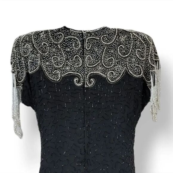NEW 80s Vintage Lawrence Kazar 100% Silk Beaded and Pearls Evening Gown in Black - Picture 9 of 14